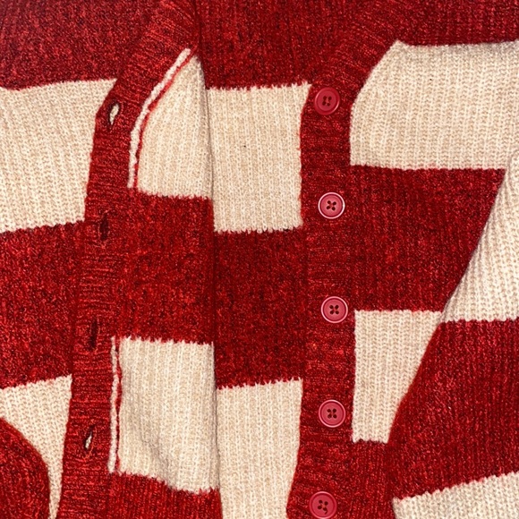 American Eagle Waffle Plush Red And Cream Striped Button Down Cardigan - Picture 4 of 5